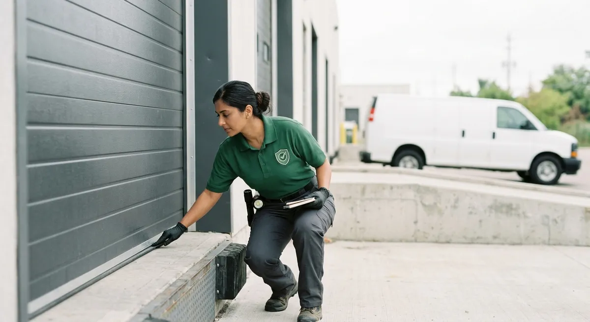 Technician inspecting a warehouse loading dock for rodent entry points